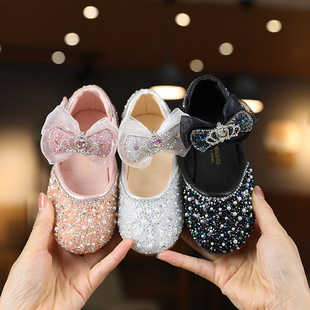 2024 Summer New Korean Style Girls Princess Shoes Little Girl Princess Ribbon Baby Rhinestone Shoes Performance Leather Shoes