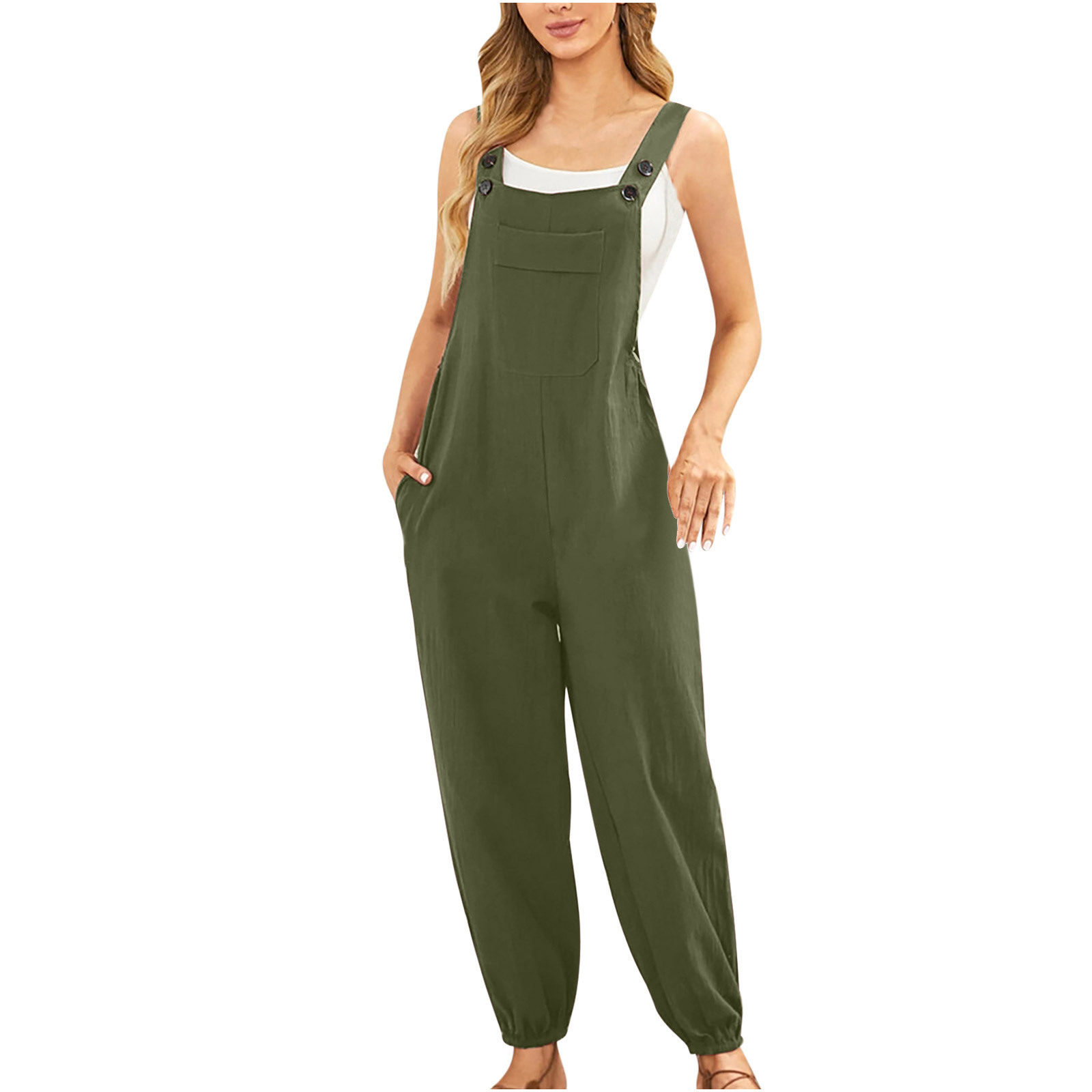Nueva ropa de mujer transfronteriza europea y americana de algodón y lino mono bolsillo pantalones de la Liga Amazon casual pantalones lápiz
