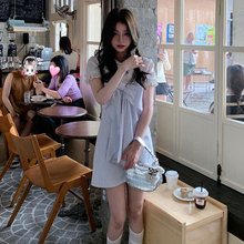 韩系甜美系带蕾丝短袖上衣女夏季减龄条纹吊带连衣裙两件套