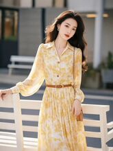 2025雪纺气质穿搭海边度假漂亮法式黄色碎花收腰连衣裙子女早春季