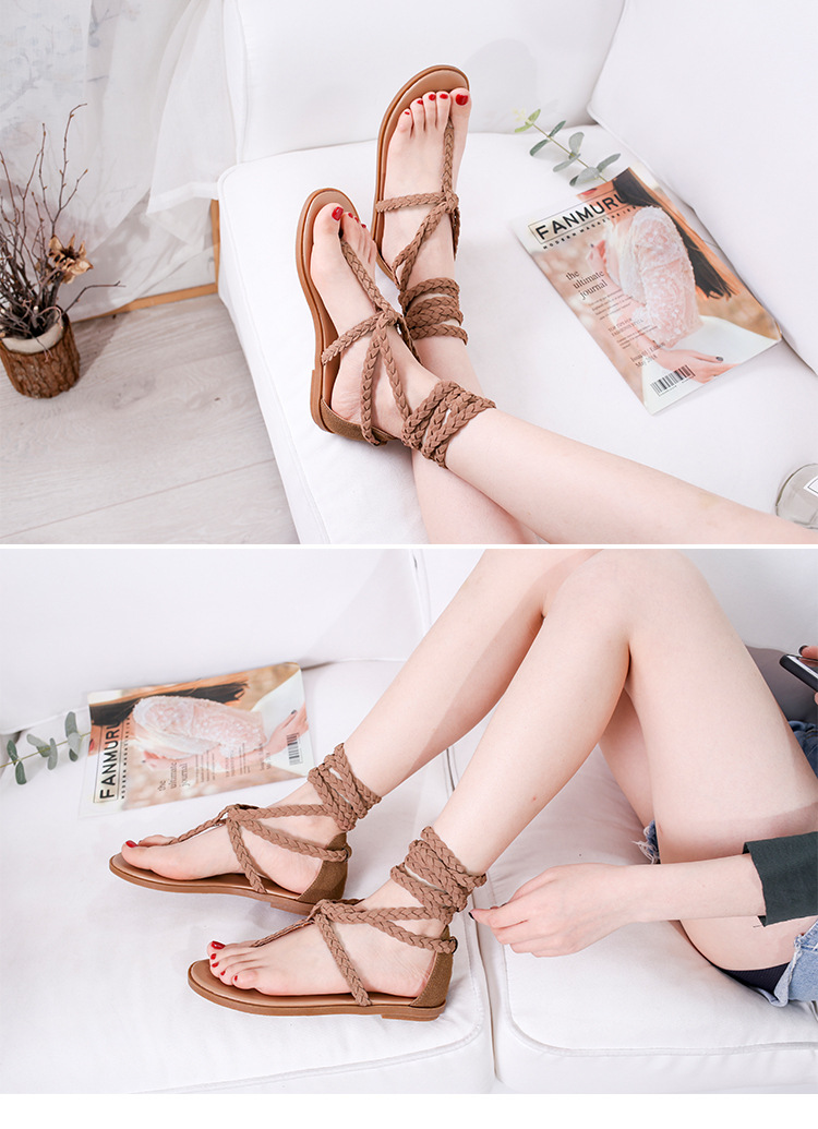 Summer 2021 cross-border large-sized beach sandals for women, European and American style flat toe interlocking woven ankle straps undefined