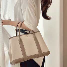 严选跨境h家手工包蜡线帆布花园包拼色手提托特包大容量购物袋包