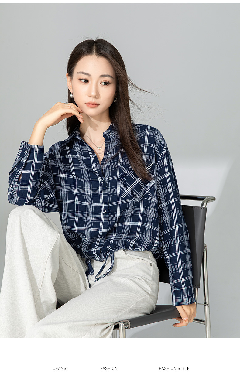 Áo sơ mi nữ dáng suông họa tiết caro xanh lam, chất liệu linen thoáng mát, tay dài có dây rút eo — Caro xanh lam chi tiết 17
