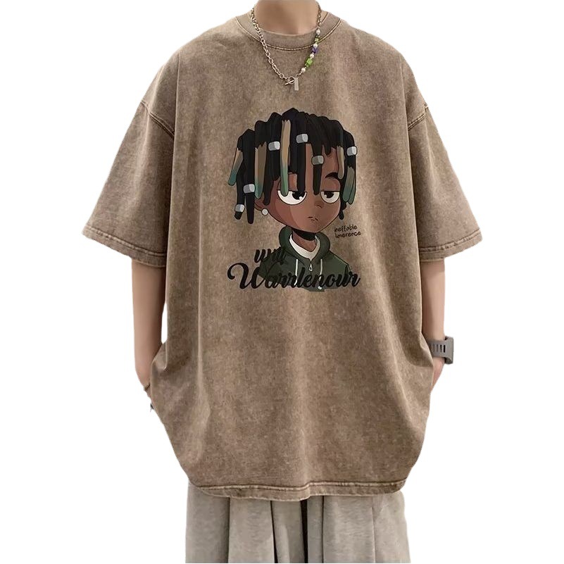 Camiseta de manga corta de algodón puro desgastado lavado retro americano para hombre, camiseta de media manga de marca holgada informal de verano para hombre