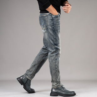 Free Shipping 2024 New Men's Jeans European Version Heavy Wash Slim Fit Stretch Jeans for Autumn