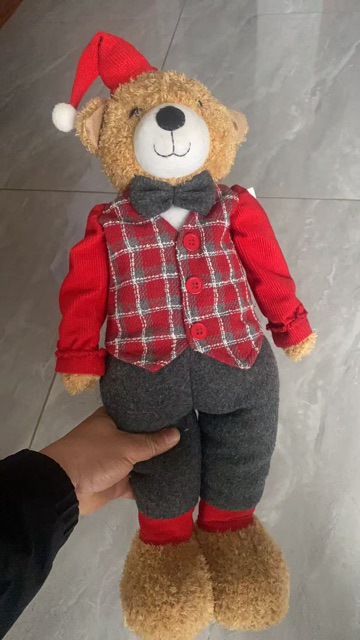 Pareja de oso sentado piernas colgantes adornos piel marrón ropa roja cuadrada gorra arco regalo de Navidad vestido image 1