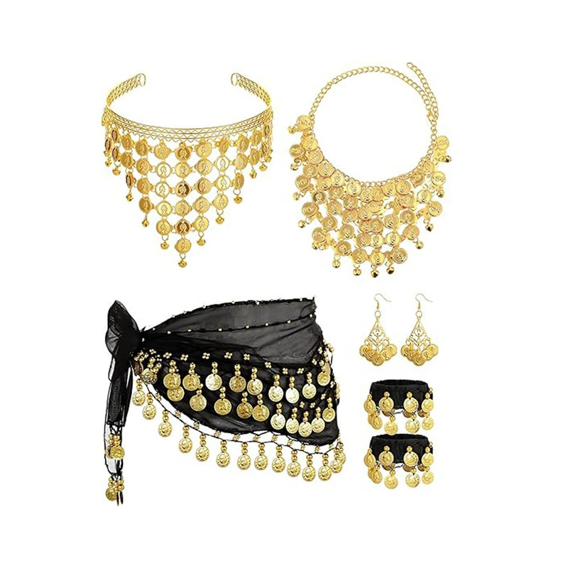 Новый богемный стиль, танец живота, 128 монет, 72 монеты, поясной шарф, шарф, заколка для волос, ожерелье, серьги, браслет