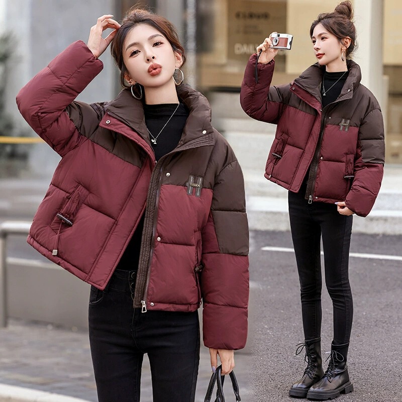 Fashion Short Color-Block down Cotton Jacket for Women 2024 Winter New Stylish Slim-Fit Petite Warm Cotton Coat Fashion Short Color-Block down Cotton Jacket for Women 2024 Winter New Stylish Slim-Fit Petite Warm Cotton Coat