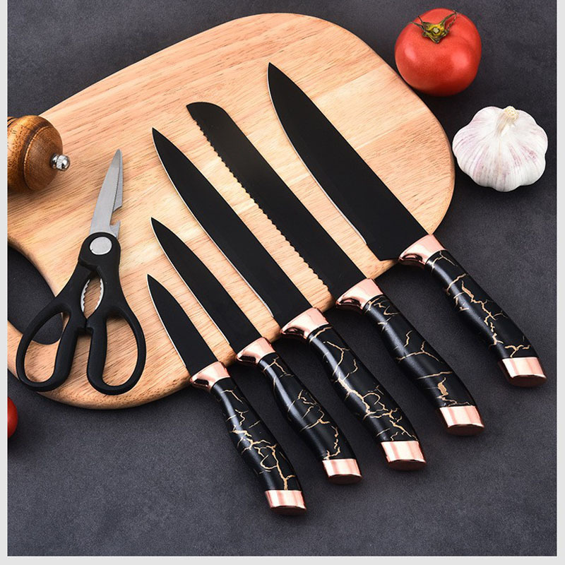 Cuchillo de cocina con recubrimiento antiadherente transfronterizo lujoso de oro rosa mármol de siete piezas conjunto de cuchillo de cocinero combinación de regalo