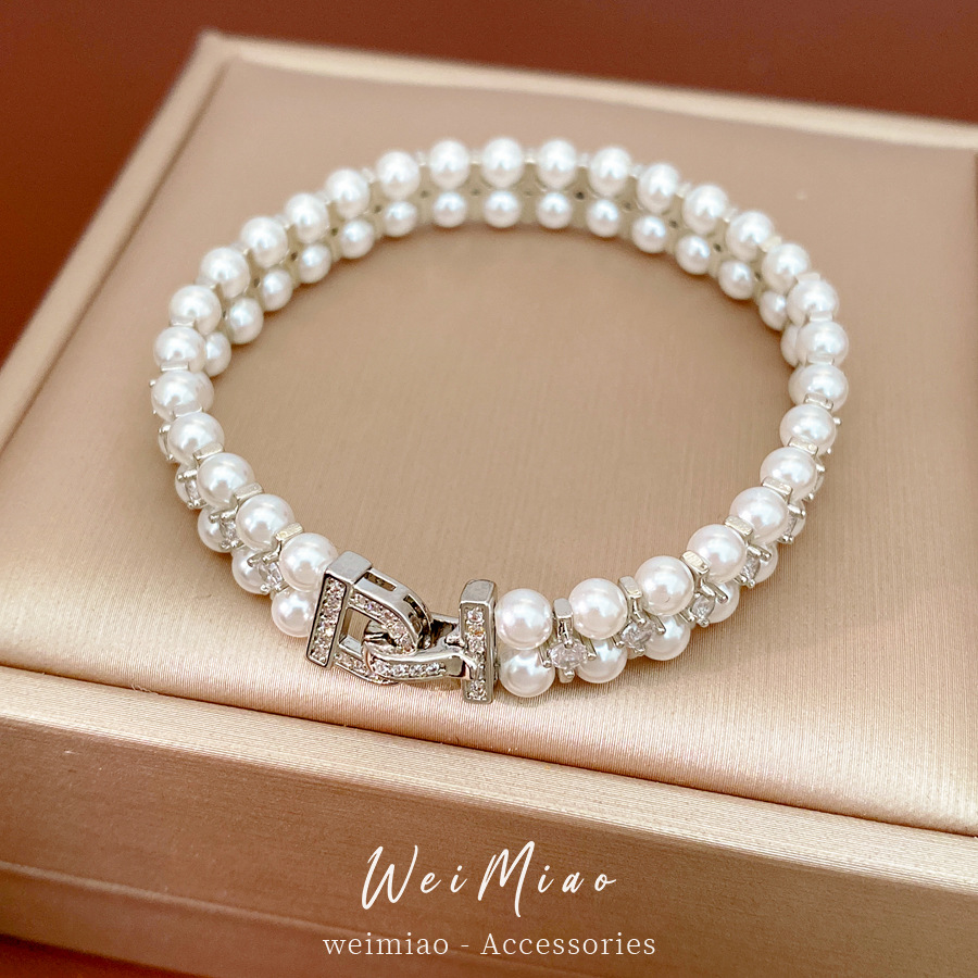 Pulsera de perlas de doble capa con cuentas de piedra de silicio ligera de lujo nicho pulsera de alta calidad temperamento exquisito joyería al por mayor