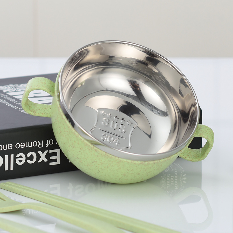 304 Wheat Straw Toddler Binaural Rice Bowl Scandinavian Creative Baby Food Bowl Cute Bb Double-Layer Insulated Tableware