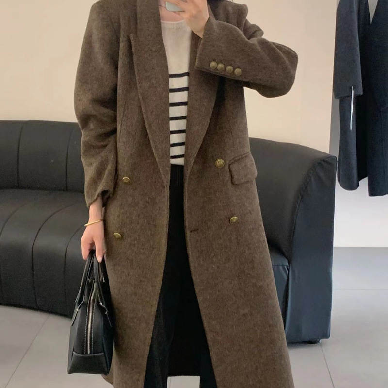 2025 New Style Copper Buckle Double-Breasted Women's High-End Shoulder Pad Suit Extra Long Korean Double-Sided Wool Coat Autumn and Winter
