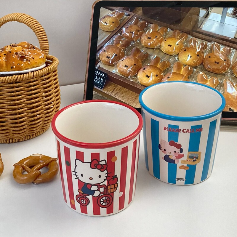 卡通条纹陶瓷杯可爱猫咪情侣款马克杯大容量高颜值早餐杯牛奶杯子|undefined