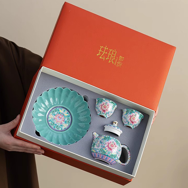 Household Chinese Enamel Kung Fu Tea Set Teapot Teacup One Pot Two Cups High-End Business Gift Gift Box