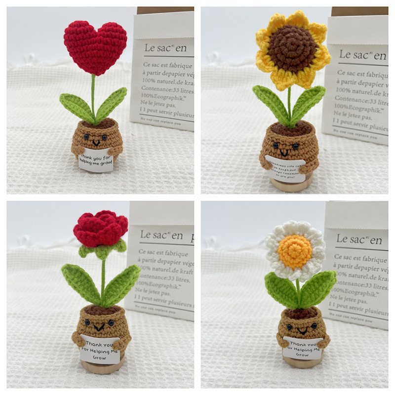 Cross-Border Supply of Hand-Knitted Wool Sunflower Crocheted Potted Flowers Simulated Desktop Ornaments Graduation Gift Finished Products
