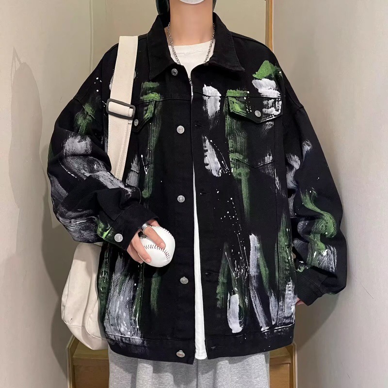 Graffiti Tie-Dye Denim Jacket Men's Spring and Autumn Trendy Brand Street Top Hong Kong Style Bf Loose High Street Vintage Work Jacket