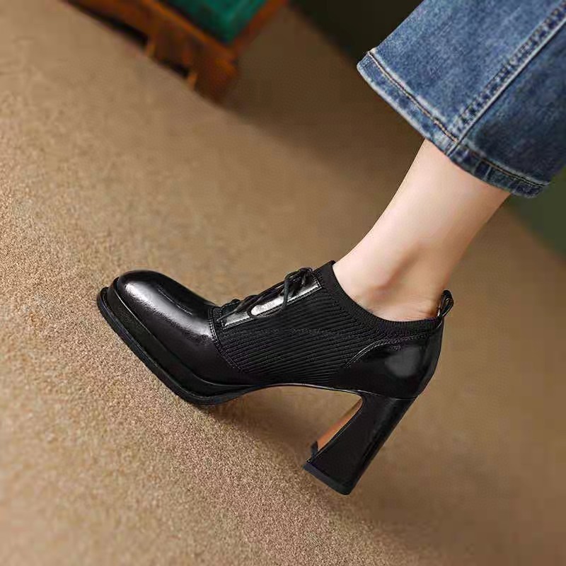 651 Chengdu Handmade Genuine Leather Clearance Sale Women's Shoes High-End Niche Chunky High Heels with Flyknit Patchwork and Lace-Up Design