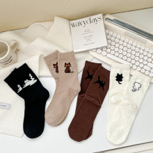 可爱猫咪毛绒袜子女中筒袜秋冬季加绒保暖喵星人毛茸茸睡眠地板袜