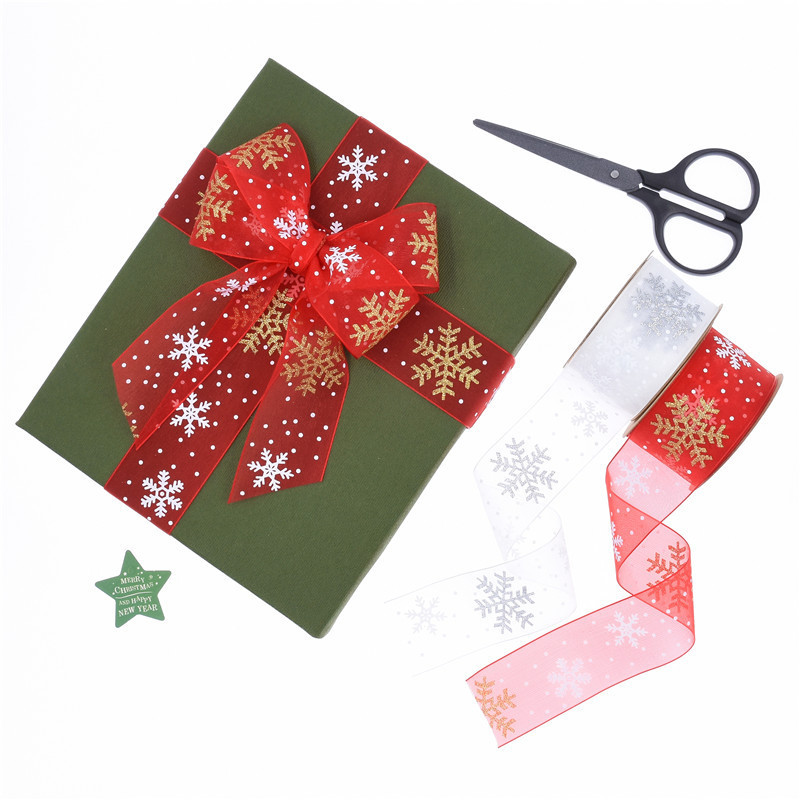 38mm de ancho transfronterizo nuevo polvo impresión copo de nieve cinta de regalo de Navidad flores cinta de regalo decoración cinta