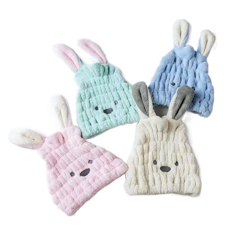 Niños sombrero de cabello seco al por mayor lindo sombrero de baño de conejo de dibujos animados bolsa de coral toallas elásticas para el cabello