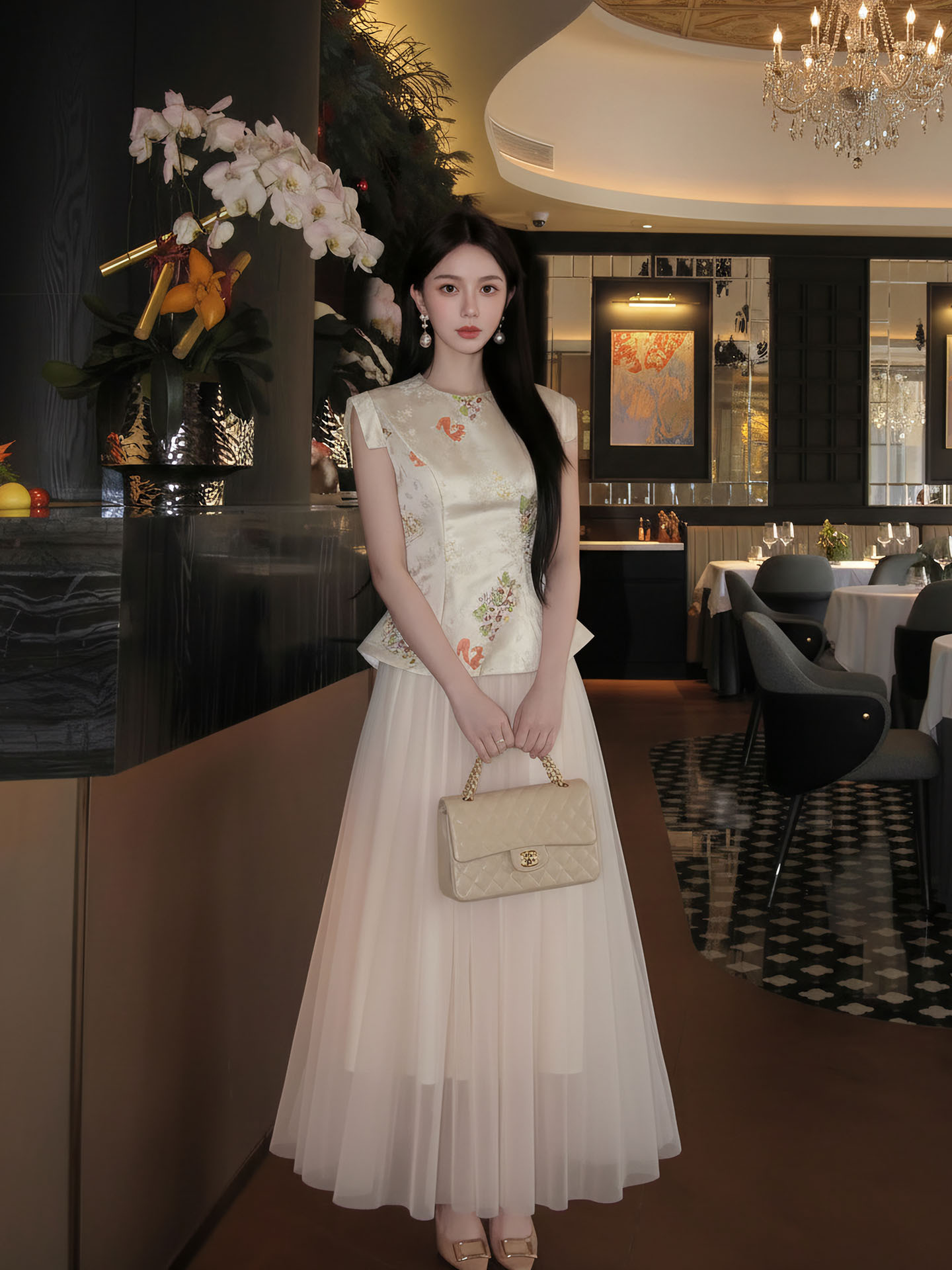 Bộ áo vest gile và chân váy lưới thêu hoa phong cách tân cổ điển — bộ đồ, nửa váy, Áo khoác màu mơ
