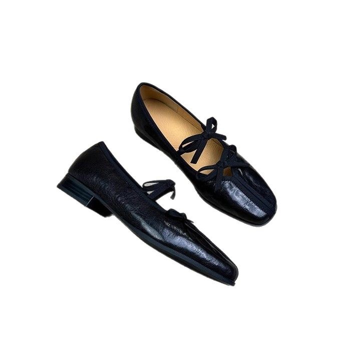Piel de oveja ~ Zapatos de ballet francés de cuero genuino mujer suela suave con falda vintage Mary Jane zapatos planos con lazo