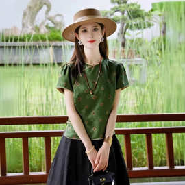 新中式绿色提花短袖衬衫女2025年新款国风斜襟桑蚕丝上衣改良唐装
