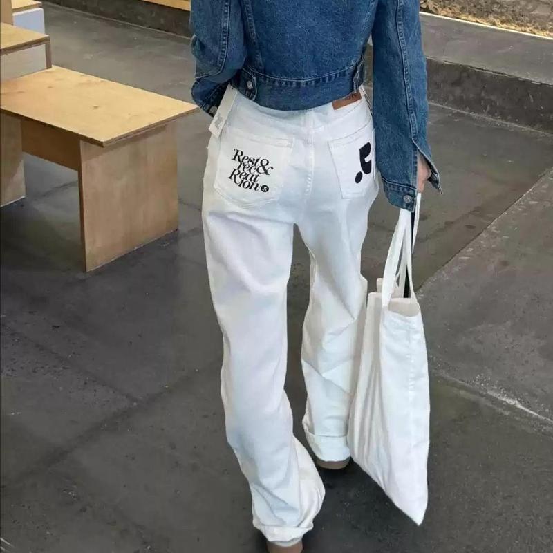 韩国小众潮牌2025秋冬新款RR撞色印花宽松休闲直筒牛仔裤长裤女|undefined