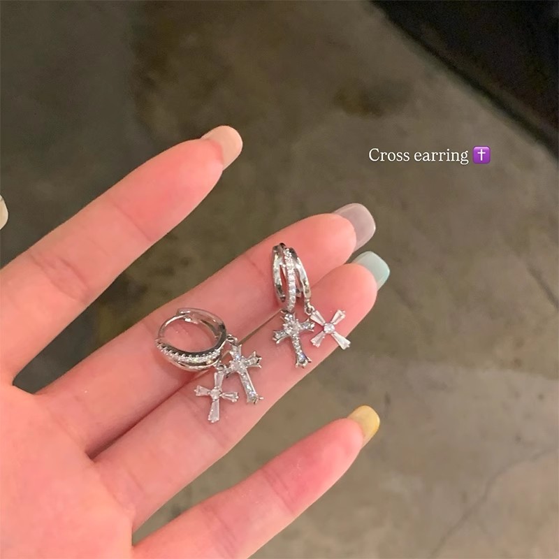 超闪锆石双十字架耳圈耳环女轻奢高级感气质耳钉耳扣独特设计耳饰|undefined