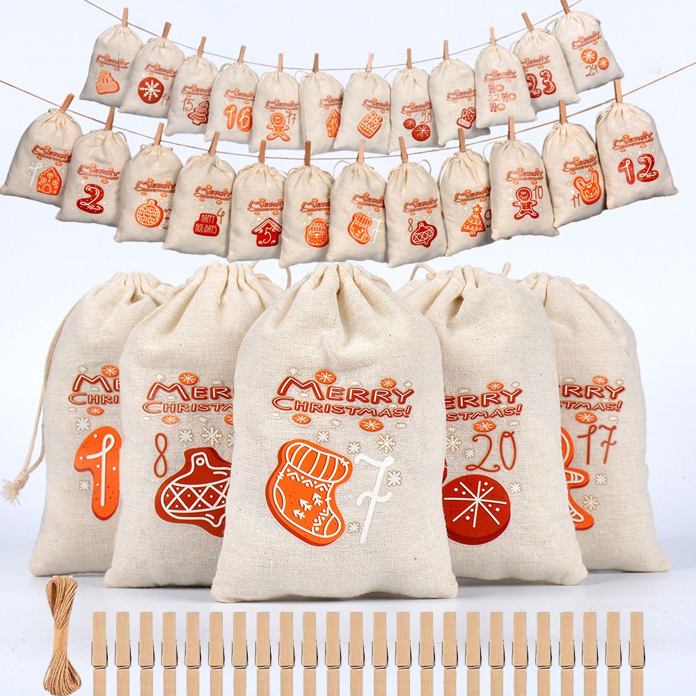 圣诞节棉布袋降临日历袋套装1-24倒计时糖果礼物包装收纳束口袋