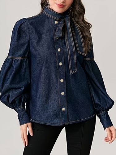 Women Fashion Bow Design High Neck Blouses 2024 New Spring