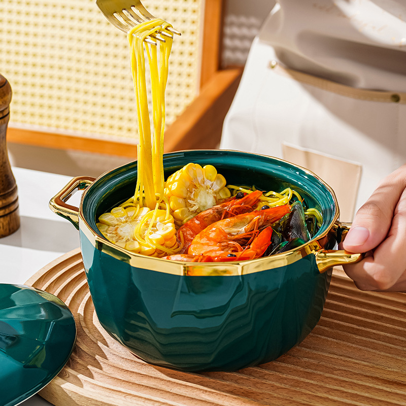 Luz de lujo Esmeralda borde dorado hogar tazón de sopa de cerámica personalidad creativa instantánea fideos tazón con tapa Internet celebridad vajilla doble oído tazón