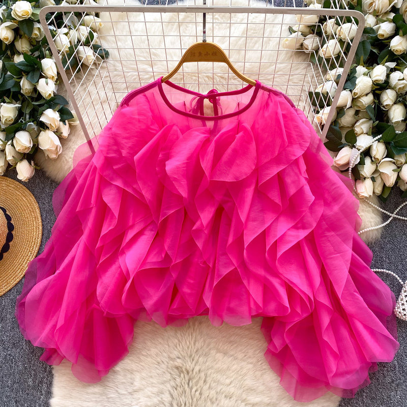 Korean Style Ruffled Commuter Style Sweet Long-Sleeved Shirt for Women in Summer, Loose and Slimming, Covering the Body, Pink Chiffon Top for Commuting Korean Style Ruffled Commuter Style Sweet Long-Sleeved Shirt for Women in Summer, Loose and Slimming, Covering the Body, Pink Chiffon Top for Commuting