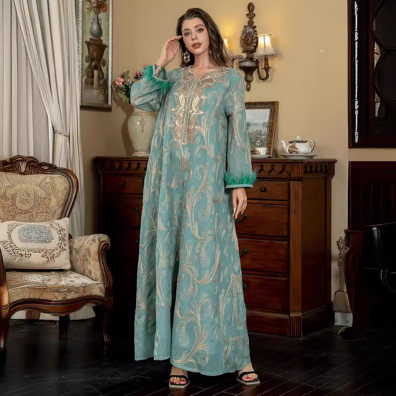 Sw007 Cross-Border Foreign Trade Women's Long-Sleeved Embroidered Elegant Abaya Robe