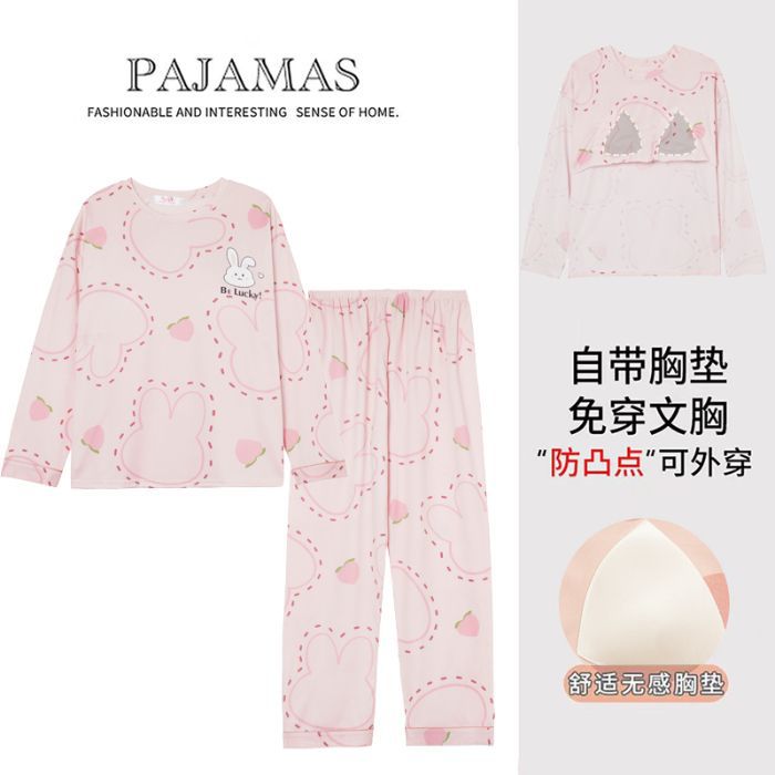 Pijamas al por mayor transfronterizos primavera y otoño dibujos animados hoodie corbata redonda almohadilla de pecho algodón pantalones largos de manga larga ropa para el hogar suelta