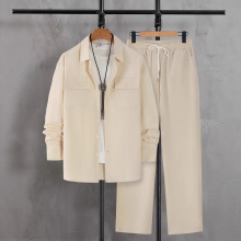 外贸男装秋季套装翻领双贴袋长袖衬衫直筒长裤纯色两件套批发代发