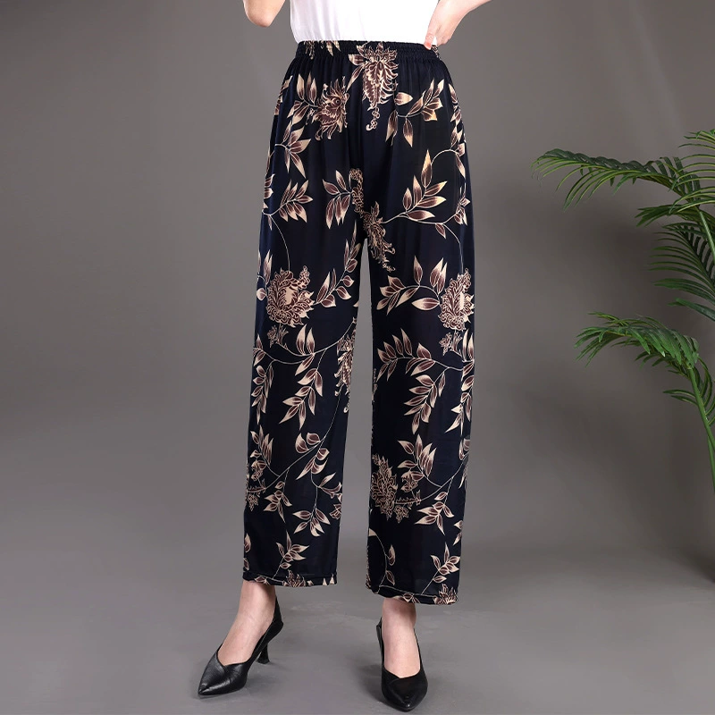 Ледяной шелк повседневные женские брюки с высокой талией Летняя эластичная тонкая сумка большого размера девять очков брюки мама брюки свободные среднего и пожилого возраста