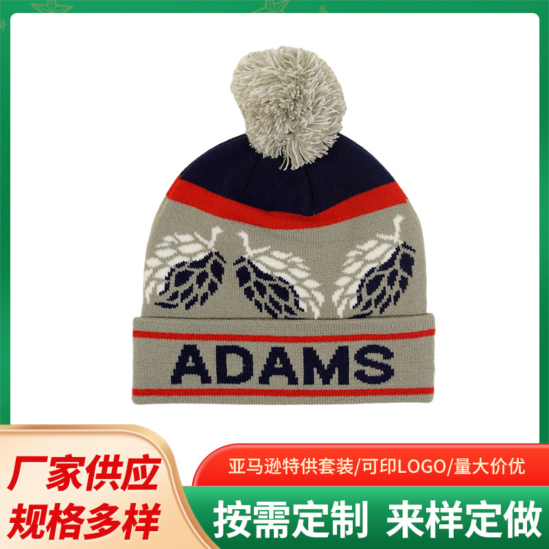 定制提花刺绣商标亚克力球队针织帽带pom翻边豆豆帽男女休闲百搭