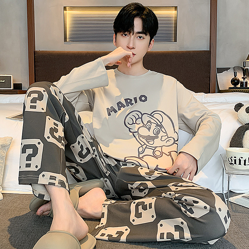 2024 nuevo pijama masculino primavera y otoño dibujos animados coreanos ropa casera de cuello redondo suelta grande se puede usar fuera