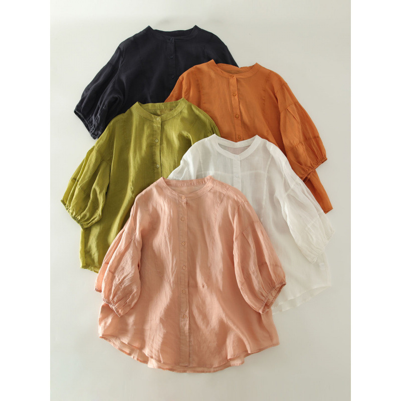 Solid Color Japanese-Style Casual Design New Lightweight Breathable Stand Collar Mid-Sleeve Shirt Artistic Loose Slimming Top for Women