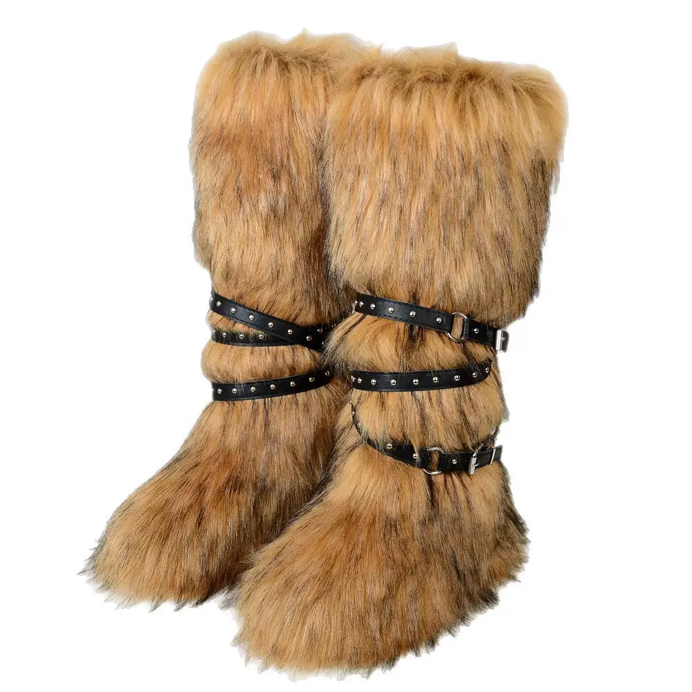 2025新款欧美铆钉过膝高筒雪地靴仿狐狸毛毛靴皮带靴仿貉子雪地靴