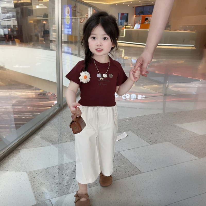 Girls Suit 2025 Summer New Korean Style Burgundy Kt Cat T-Shirt White Straight Split Pants Two-Piece Set Girls Suit 2025 Summer New Korean Style Burgundy Kt Cat T-Shirt White Straight Split Pants Two-Piece Set