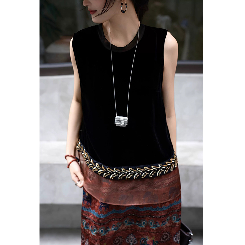Shenzhen Nanyou Summer Women's New Round-Neck Silk Velvet Spliced Organza Heavy Beading High-End Shirt Shenzhen Nanyou Summer Women's New Round-Neck Silk Velvet Spliced Organza Heavy Beading High-End Shirt