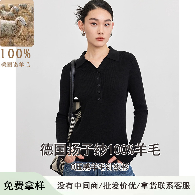 Flip-Up Popular Polo Collar Buttoned Wool Knitwear Slim Long-Sleeved Bottoming Knitwear Women's Lapel Top V Neck