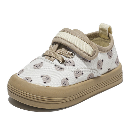 Fall new arrival baby canvas shoes for infants and toddlers—cartoon little bear first-walker shoes with soft, non-slip soles and convenient velcro straps.