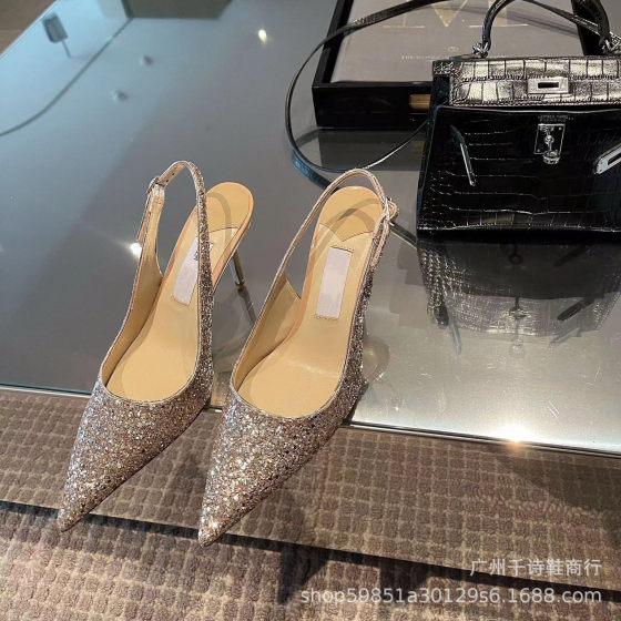 JC sequined high heel sandals elegant bridesmaid wedding shoes pointed toe stiletto heel silver high heel shoes shallow mouth