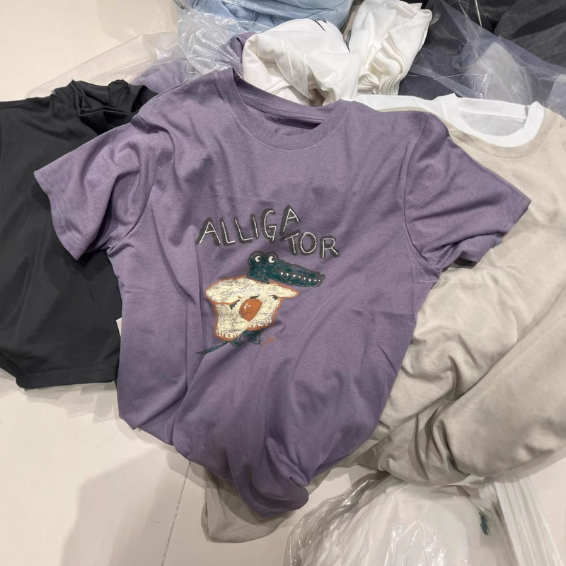 2025 New Summer Cartoon Loose and Cute Little Crocodile Print Top Women's Cool Snowflake Cotton Short-Sleeved T-Shirt Trendy