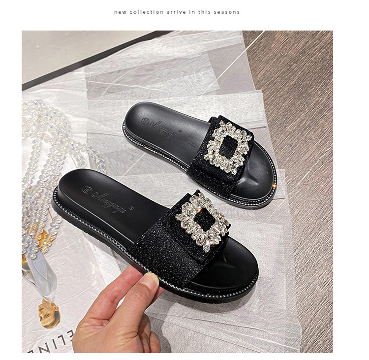 2025 verano nuevo lazo con diamantes de imitación hebilla cuadrada plana casual zapatillas de mujer sandalias de una tira para mujer ropa de exterior talla grande 41_voghion.com