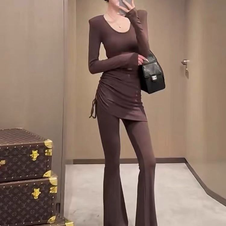 韩版复古气质长袖恤女秋季新款高腰显瘦百搭休闲抽绳裙裤两件套|undefined