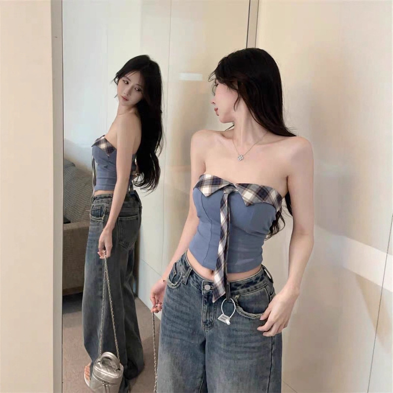 33037 # Summer New Style Retro Plaid Tie Splicing Design Tube Top Slim Short Women's Sleeveless Top